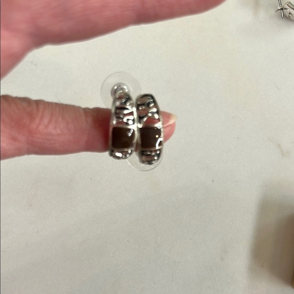 Silver and Brown Hoop Earrings - Picture 3 of 5